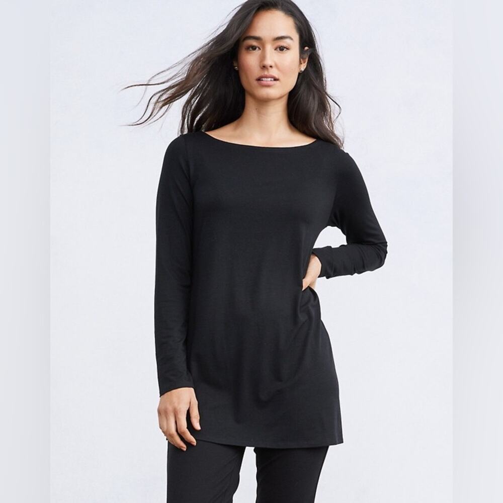 Eileen Fisher Top Large Black LS Scoop Neck Tunic Stretch Viscose Side Slits